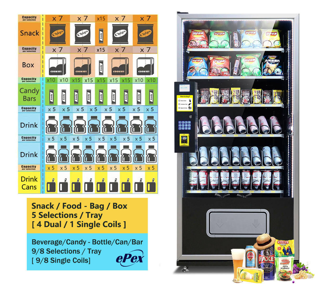 EPEX G654W Cashless Large Refrigerated Combo Vending Machine with Nayax VPOS Touch Card Reader
